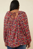 HY6267W Cherry Plus Floral Print Ruffle Shoulder Long Sleeve Textured Top Detail