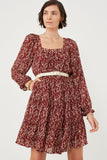 HY6269 Burgundy Womens Ditsy Floral Cinched Puff Sleeve Square Neck Dress Front