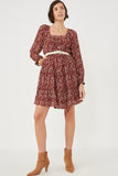 HY6269 Burgundy Womens Ditsy Floral Cinched Puff Sleeve Square Neck Dress Full Body