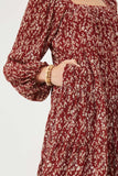 HY6269 Burgundy Womens Ditsy Floral Cinched Puff Sleeve Square Neck Dress Detail