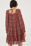 HY6269 Burgundy Womens Ditsy Floral Cinched Puff Sleeve Square Neck Dress Back