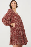 HY6269 Burgundy Womens Ditsy Floral Cinched Puff Sleeve Square Neck Dress Side