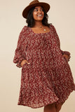 HY6269W Burgundy Plus Ditsy Floral Cinched Puff Sleeve Square Neck Dress Front