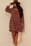 HY6269W Burgundy Plus Ditsy Floral Cinched Puff Sleeve Square Neck Dress Full Body