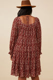 HY6269W Burgundy Plus Ditsy Floral Cinched Puff Sleeve Square Neck Dress Back