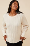 HY6290W Ivory Plus Long Cuff Cable Knit Pullover Top Pose