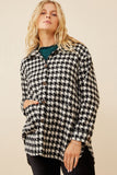 HY6311 Black Womens Houndstooth Front Pocket Button Detail Coat Front