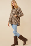 HY6311 Mocha Womens Houndstooth Front Pocket Button Detail Coat Full Body