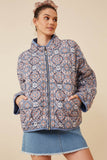 HY6334 Blue Womens Antique Printed Quilted Padded Jacket Front