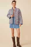 HY6334 Blue Womens Antique Printed Quilted Padded Jacket Full Body