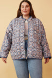 HY6334W BLUE Plus Antique Printed Quilted Padded Jacket Front