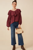 HY6361 Maroon Womens Exaggerated Ruffled V Neck Puff Sleeve Top Gif