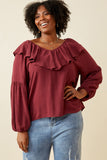 HY6361 Oatmeal Womens Exaggerated Ruffled V Neck Puff Sleeve Top Back