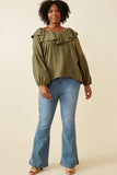 HY6361 Oatmeal Womens Exaggerated Ruffled V Neck Puff Sleeve Top Full Body