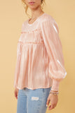 HY6372W Blush Womens Iridescent Ruffled Smock Cuff Top Side