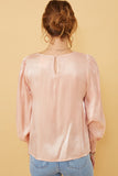 HY6372W Blush Womens Iridescent Ruffled Smock Cuff Top Back