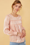 HY6372W Blush Womens Iridescent Ruffled Smock Cuff Top Back