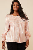 HY6372W Blush Womens Iridescent Ruffled Smock Cuff Top Front