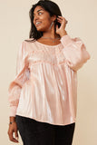 HY6372 Blush Womens Iridescent Ruffled Smock Cuff Top Side