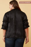 HY6374W BLACK Plus Crushed Satin Pleated Sleeve Ruffled Top Gif