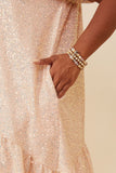 HY6388W Champagne Plus Sequined Asymmetric Hem Puff Sleeve Dress Front