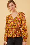 Floral Smocked Peplum Surplice Long Sleeve Top