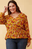 Floral Smocked Peplum Surplice Long Sleeve Top