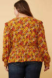 HY6395 Black Womens Floral Smocked Peplum Surplice Long Sleeve Top Side