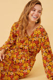 HY6400 Black Womens Floral Smocked Waist Long Sleeve Surplice Dress Pose