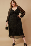 HY6414W BLACK Plus Gold Foiled Crinkle Textured Twist Detail Dress Full Body