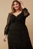 HY6414W BLACK Plus Gold Foiled Crinkle Textured Twist Detail Dress Full Body