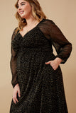 HY6414W BLACK Plus Gold Foiled Crinkle Textured Twist Detail Dress Front