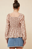 HY6415W TAUPE Plus Floral Print Twist Front Smocked Back Top Side 2