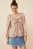 HY6415W TAUPE Plus Floral Print Twist Front Smocked Back Top Back