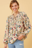 HY6418 Violet Womens Floral Print Tie Neck Smocked Long Sleeve Top Front