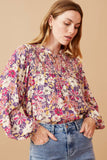 HY6418 STONE Womens Floral Print Tie Neck Smocked Long Sleeve Top Gif