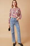 HY6418 STONE Womens Floral Print Tie Neck Smocked Long Sleeve Top Front