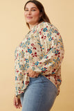 HY6418 STONE Womens Floral Print Tie Neck Smocked Long Sleeve Top Front