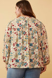 HY6418W STONE Plus Floral Print Tie Neck Smocked Long Sleeve Top Front