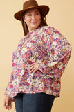 HY6418W Rust Plus Floral Print Tie Neck Smocked Long Sleeve Top Front 2