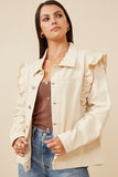 HY6429 Ivory Womens Ruffled Shoulder Twill Jacket Pose