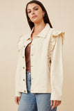 HY6429 Ivory Womens Ruffled Shoulder Twill Jacket Front 2