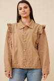 HY6429 Khaki Womens Ruffled Shoulder Twill Jacket Back