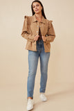 HY6429 Khaki Womens Ruffled Shoulder Twill Jacket Front 2