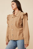 HY6429 Ivory Womens Ruffled Shoulder Twill Jacket Front