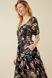 HY6470 NAVY Womens Floral Smocked Puff Sleeve Dress Full Body