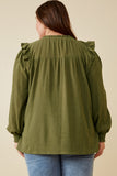 HY6491W Olive Plus Lace Insert Ruffled Detail Textured Shirt Front