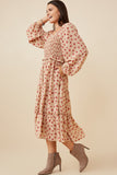 HY6504W Taupe Plus Ditsy Butterfly Print Smocked Midi Dress Front