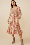 HY6504W Taupe Plus Ditsy Butterfly Print Smocked Midi Dress Back