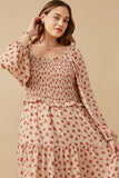 HY6504W Taupe Plus Ditsy Butterfly Print Smocked Midi Dress Full Body